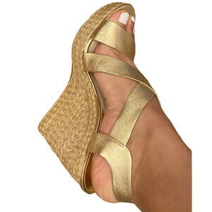 MICHAEL KORS Metallic Gold Leather Ankle Strap Espadrille Wedge Sandal 9.5M